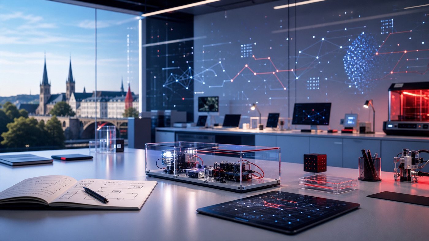 A modern AI research lab workspace overlooking Luxembourg with prototype devices and abstract data patterns.