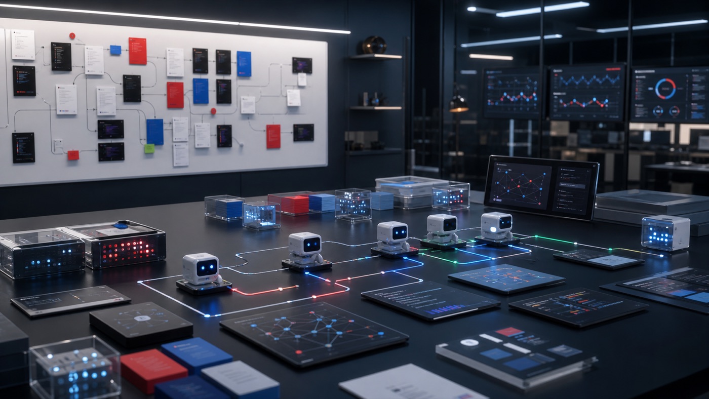 A controlled AI experimentation workflow with prototype systems, testing loops, and evaluation dashboards.