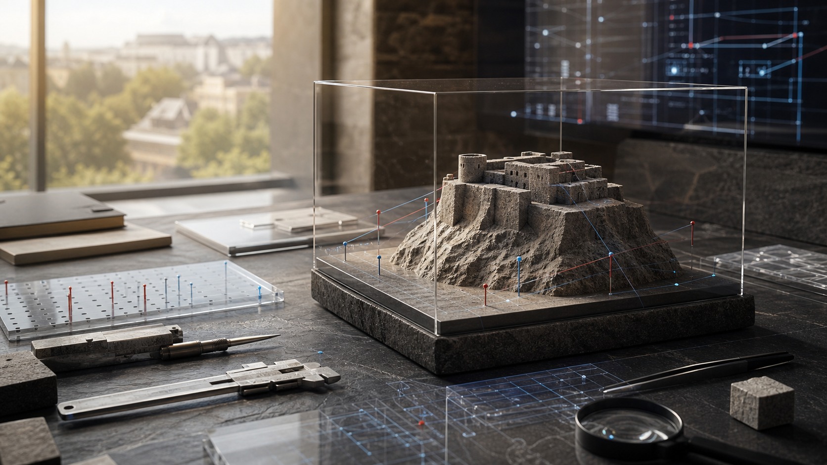 Stone fortress maquette inside a modern research studio, representing Burhuc as a fortress of trust rooted in Luxembourg.