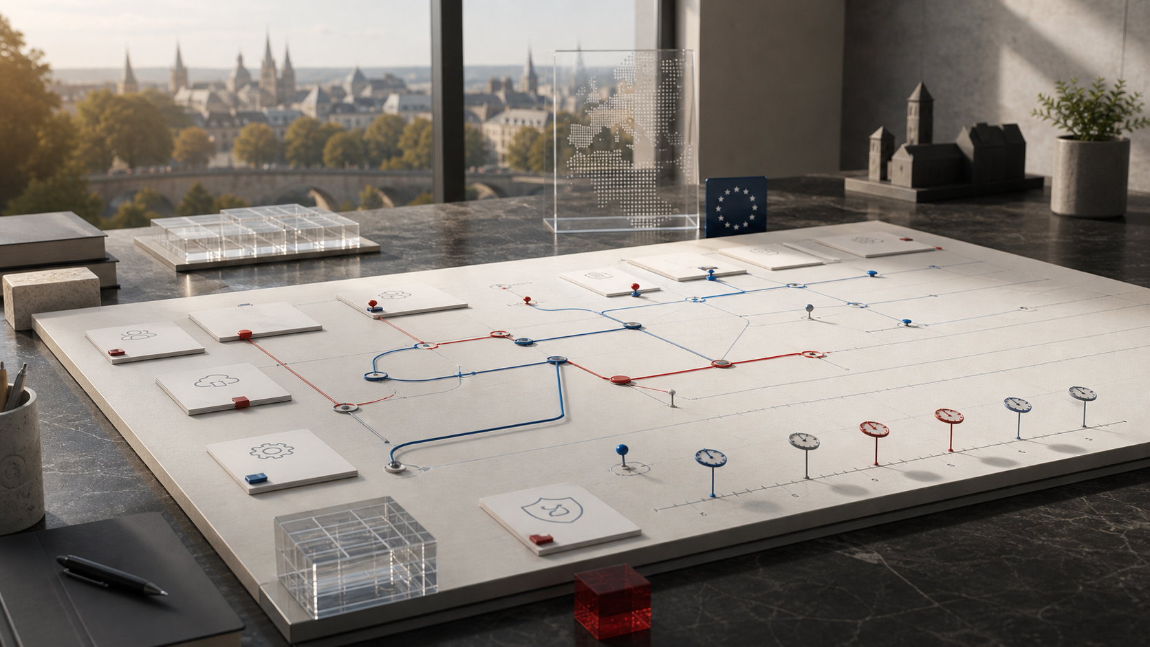 A regulatory planning board on a Luxembourg research desk, showing abstract pathways, source cards, and deadline markers for builders.