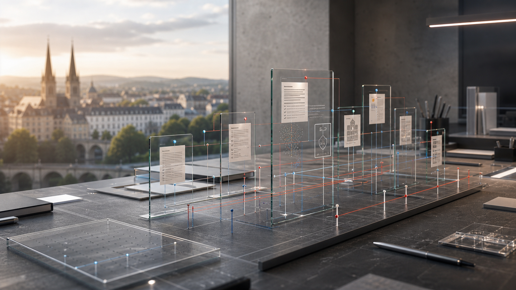 Transparent panels representing regulatory sources and deadlines connected across a Luxembourg research desk.