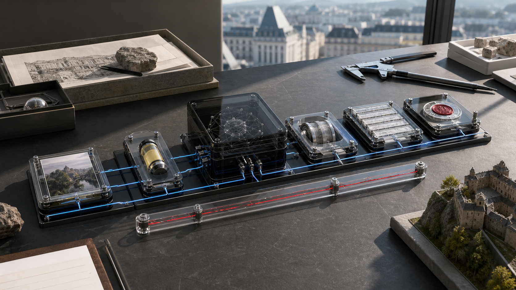 A physical evidence workbench connecting an AI agent module to image, canary, trace, repeat-run, and verification components.