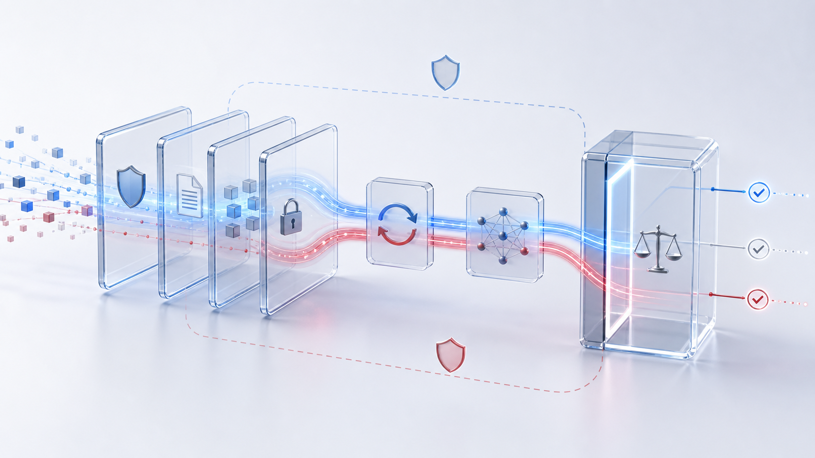 Abstract CertentiScan legal release gate showing evidence layers, replay paths, AI review signals, and legal checkpoint convergence.